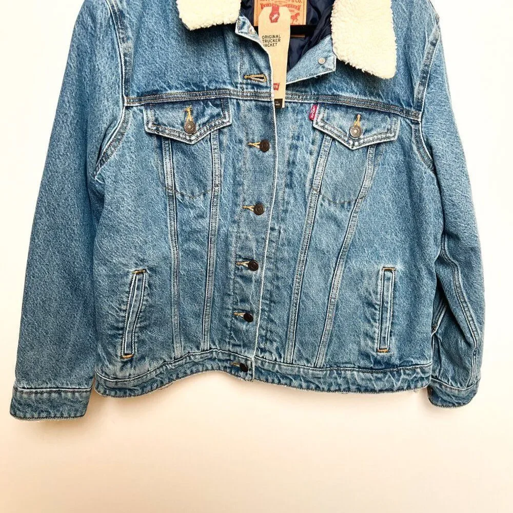 NWT Levi's Original Trucker Denim Jean Jacket Medium Wash Sherpa Lined Collar 1X